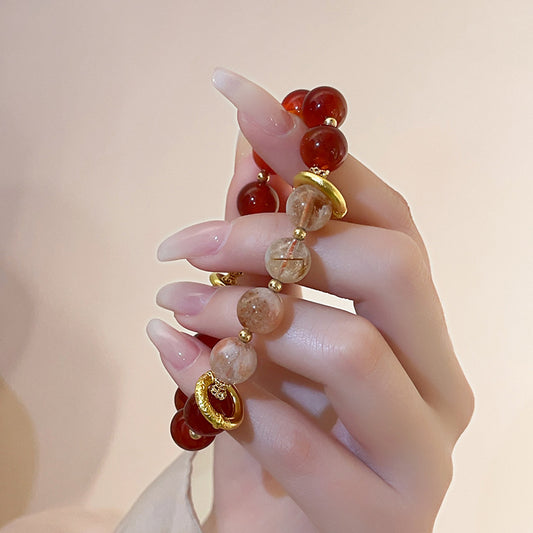 Red Agate Round Beaded Elastic Bracelet