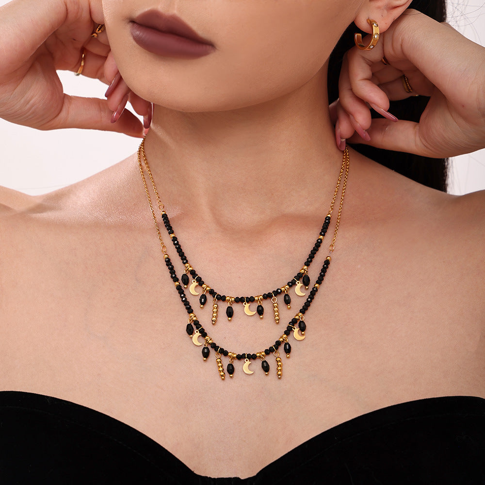 Black Crystal Stainless Steel Tassel Moon Collarbone Necklace Mystical Dark Aesthetic