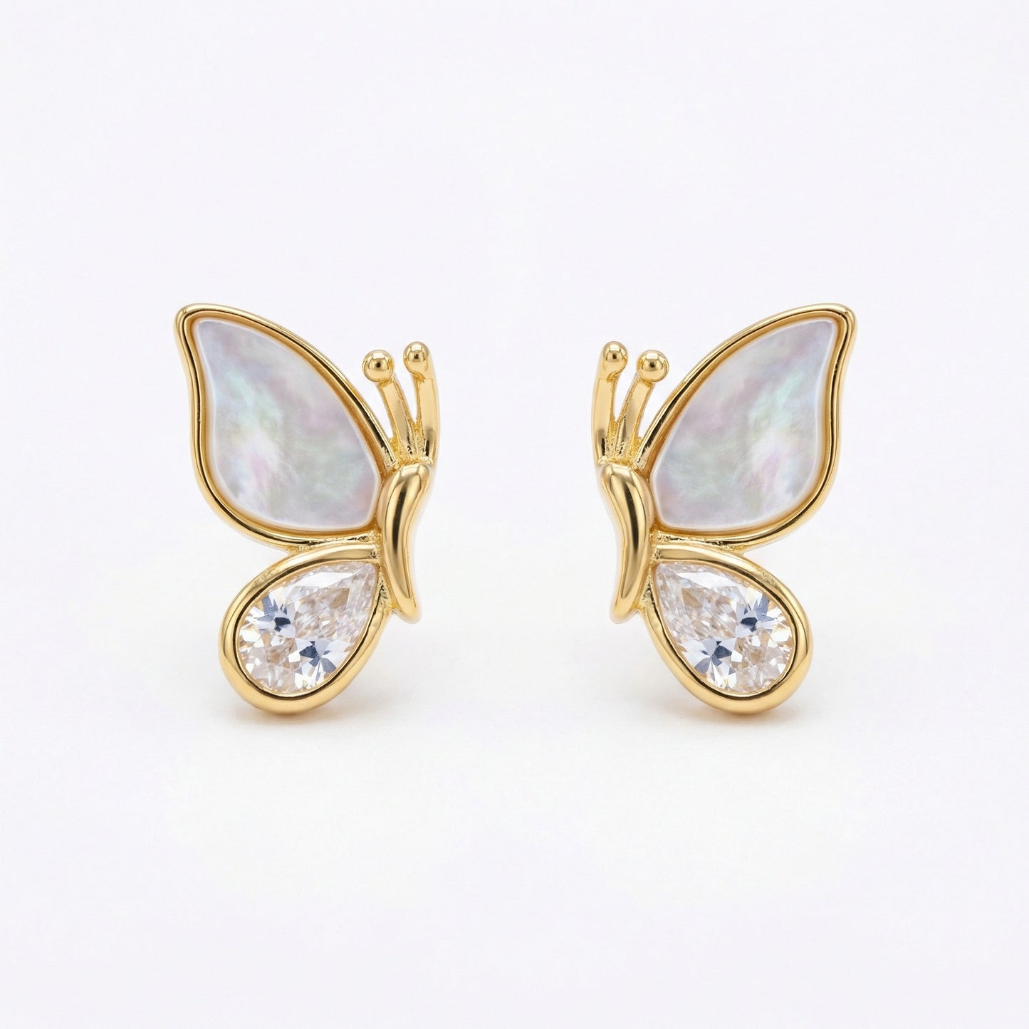 925 Sterling Silver Elegant Mother of Pearl and Sparkling Pear-Cut Crystal Butterfly Wing Stud Earrings