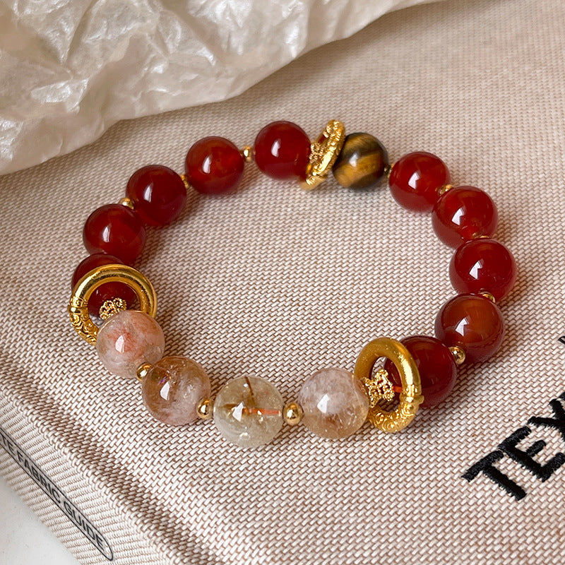Red Agate Round Beaded Elastic Bracelet