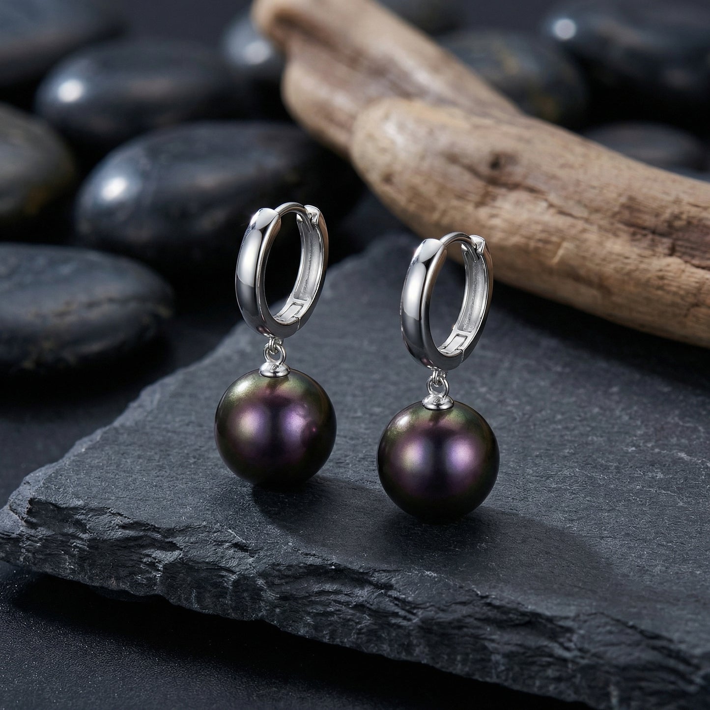 925 Sterling Silver Elegant Iridescent Black Pearl Huggie Hoop Drop Earrings