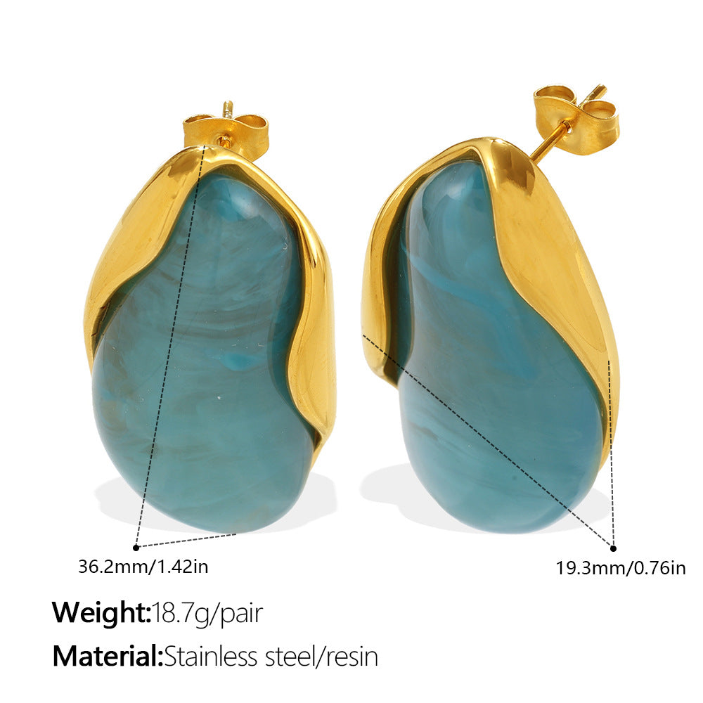 European And American Retro Irregular Amber Powder-white-blue Gradient-dyed Gold-edge Ear Ring, Non-fading, 18K Gold-plated, Exclusive Small-sized Earrings
