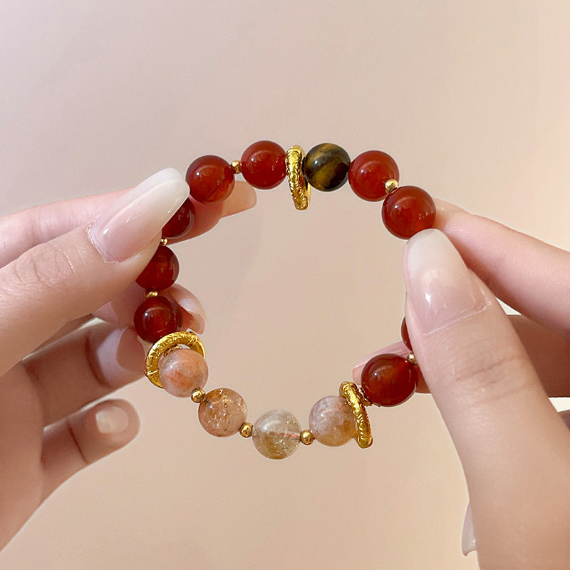 Red Agate Round Beaded Elastic Bracelet