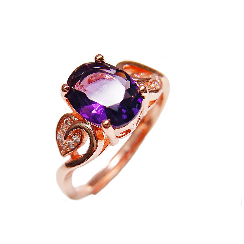Quality Ear Hook Purple Gemstone Diamond Ring Rose Gold Collarbone Necklace Set