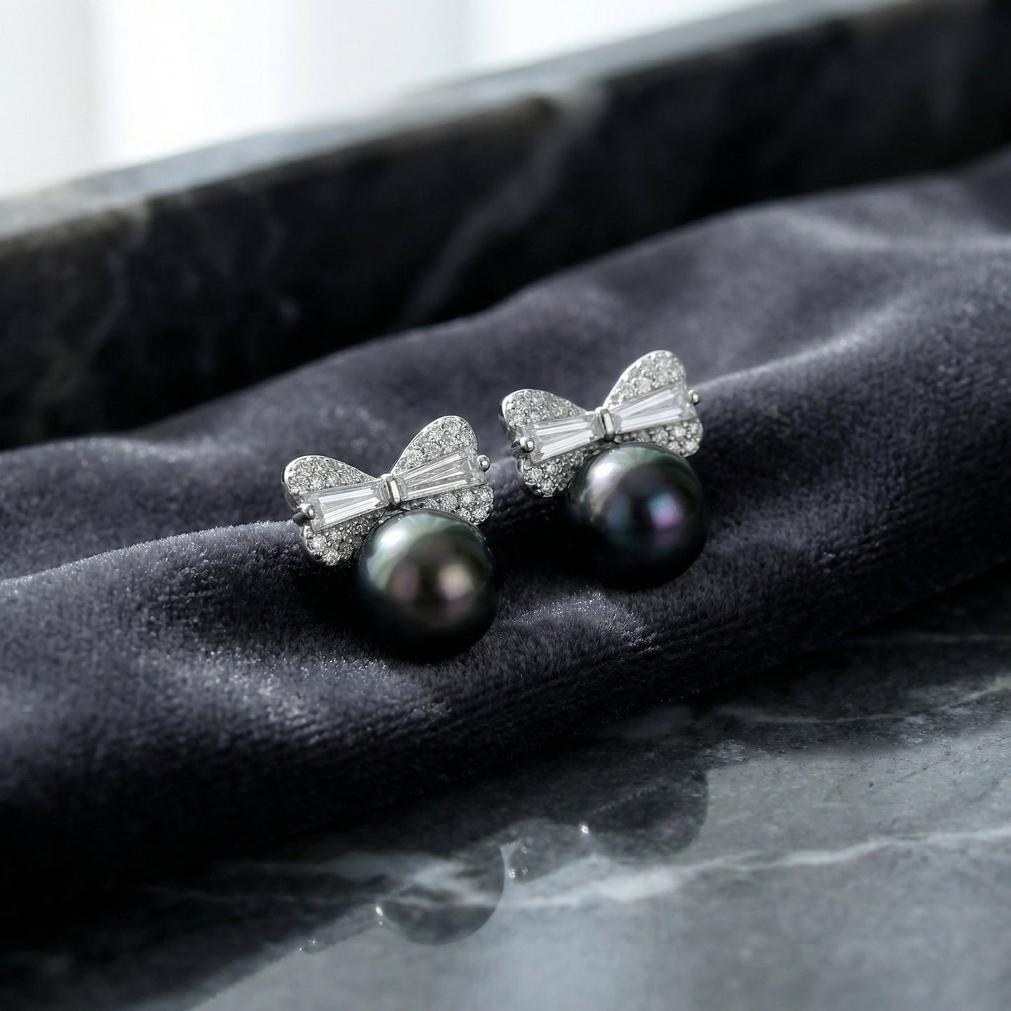 925 Sterling Silver Elegant Tahitian Pearl and Diamond Bow Stud Earrings
