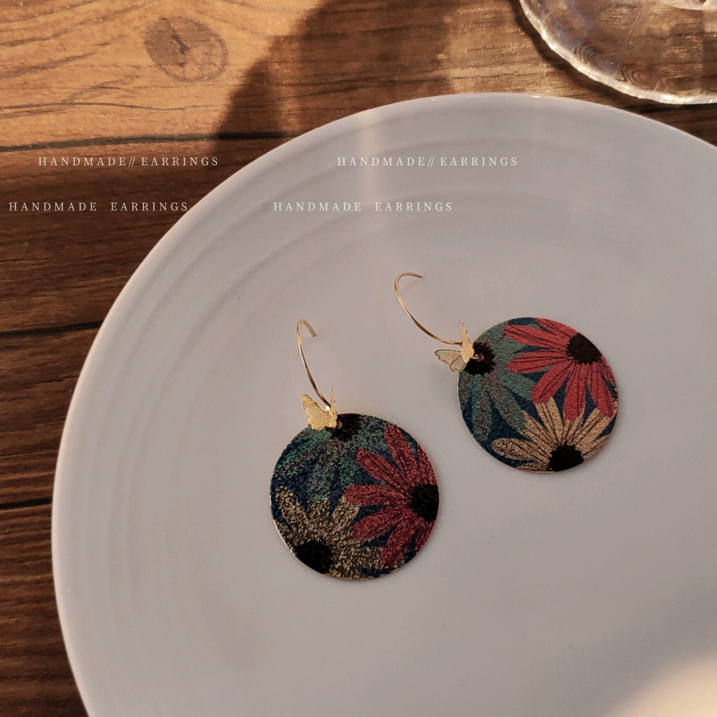 Real Gold-Plated Round Geometric Statement Earrings With Butterflies And Flowers