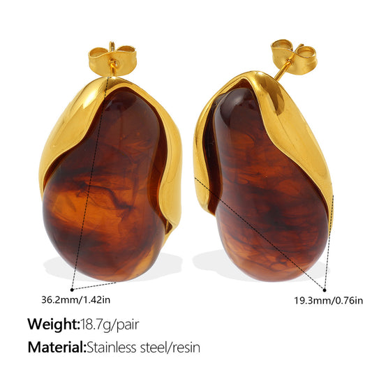 European And American Retro Irregular Amber Powder-white-blue Gradient-dyed Gold-edge Ear Ring, Non-fading, 18K Gold-plated, Exclusive Small-sized Earrings